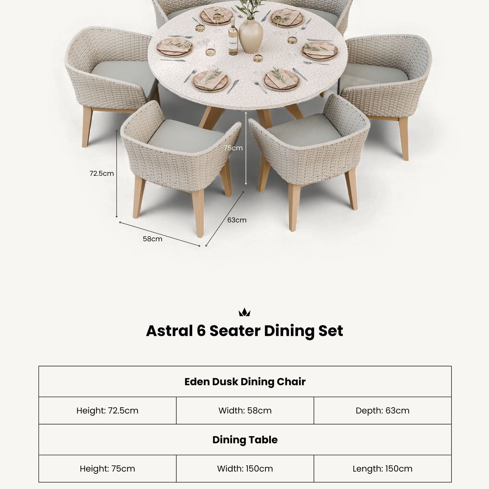 Astral 6 Seater Round Terrazzo Concrete Dining Set with Eden Dusk Dining Chairs