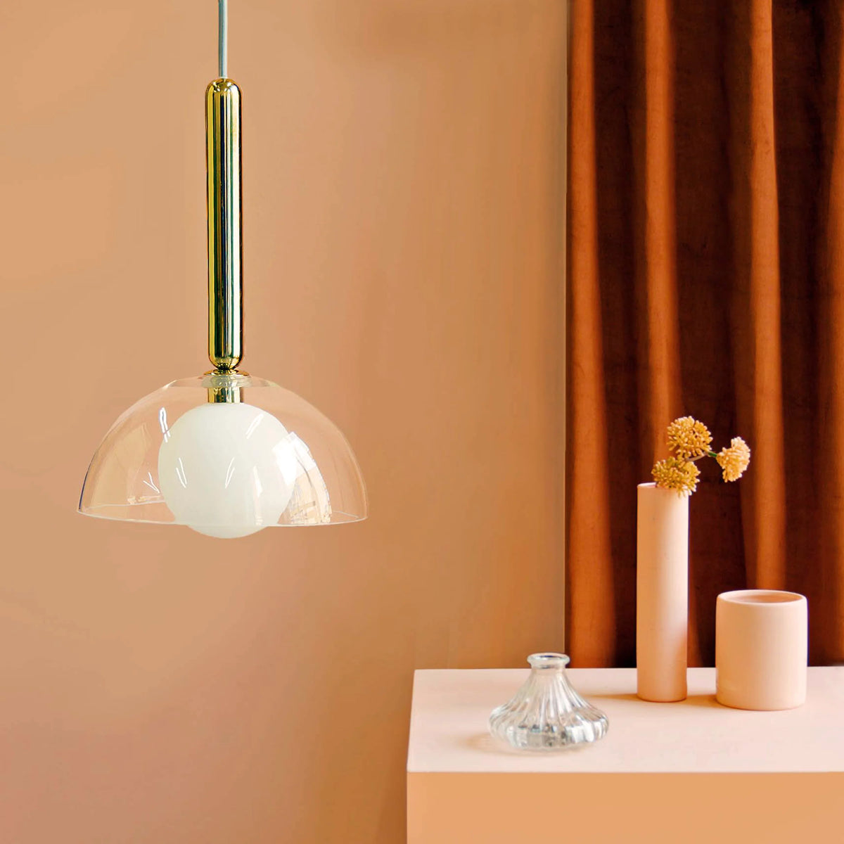 Polished Brass & Clear Glass Dome Pendant Light