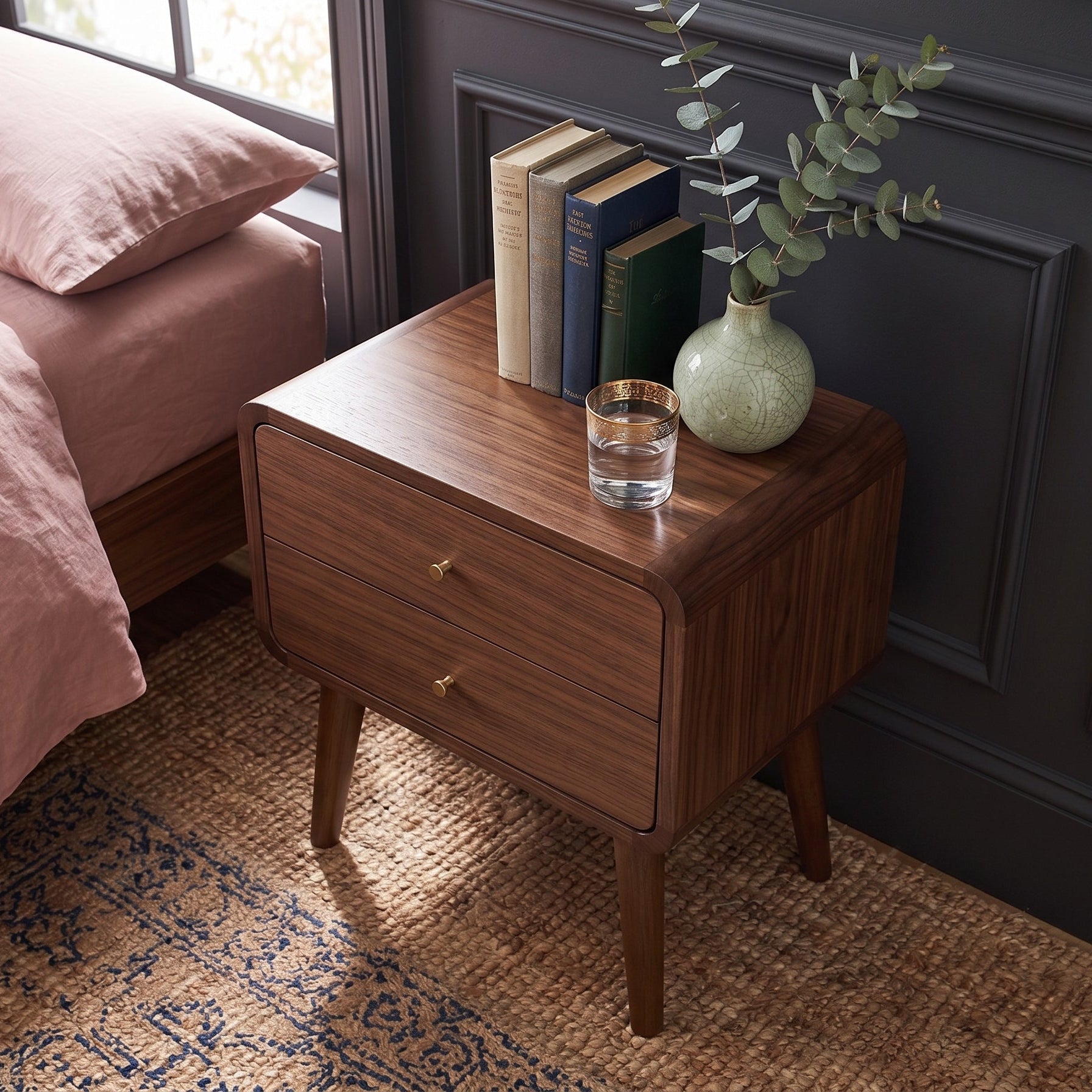 Finn Curved Edge Bedside Table in Walnut