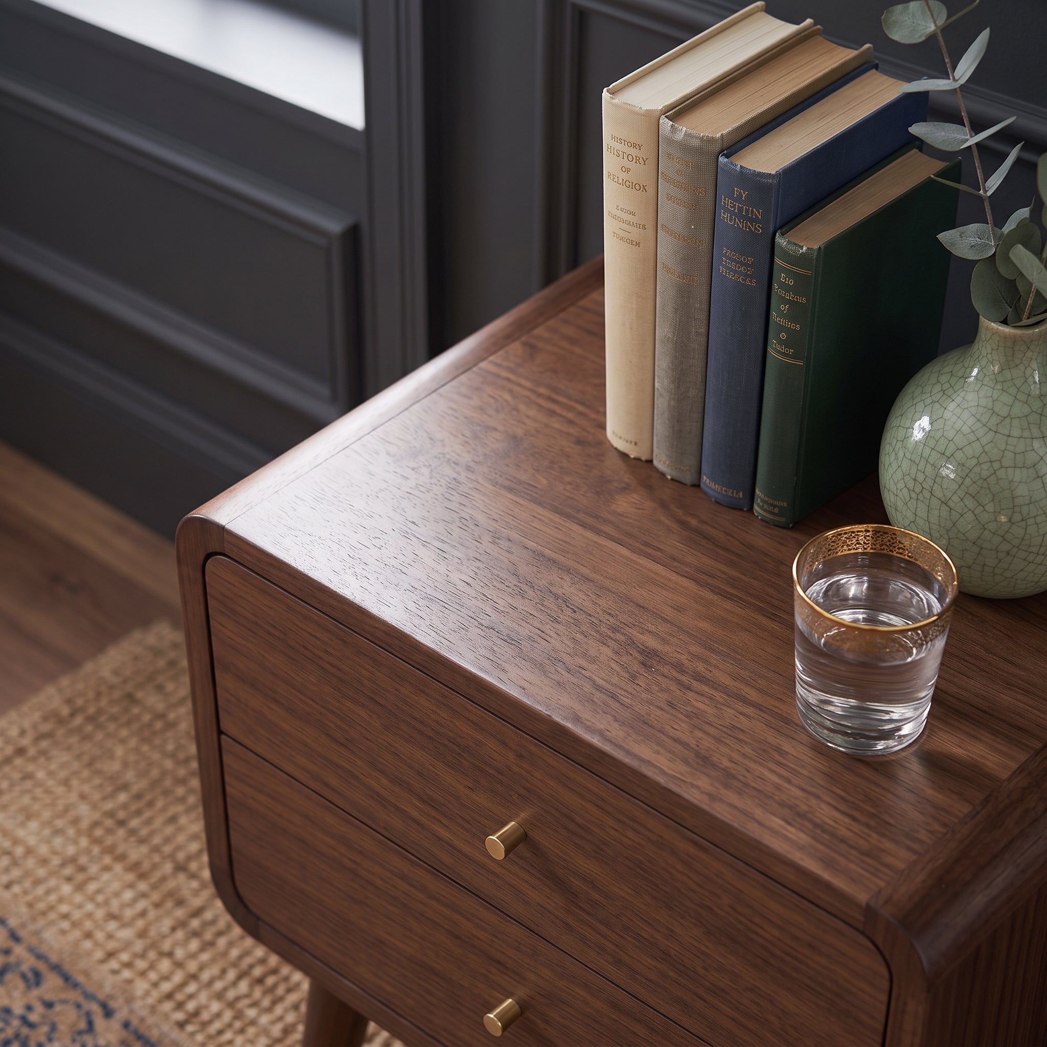 Finn Curved Edge Bedside Table in Walnut