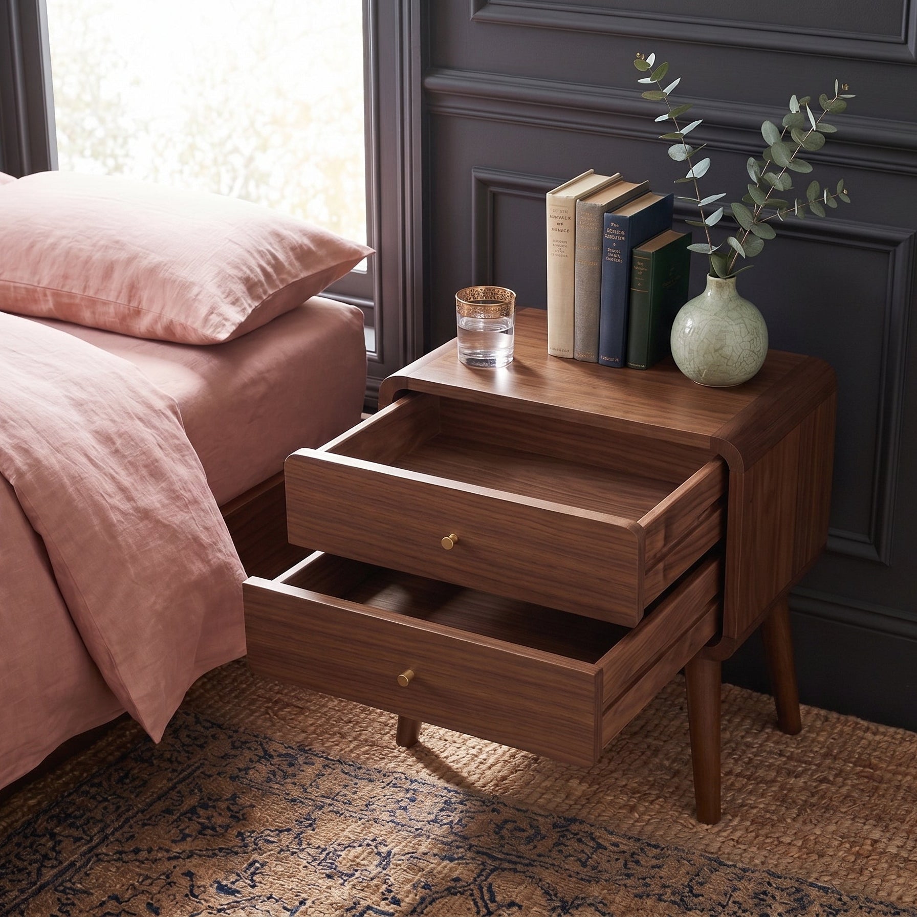 Finn Curved Edge Bedside Table in Walnut