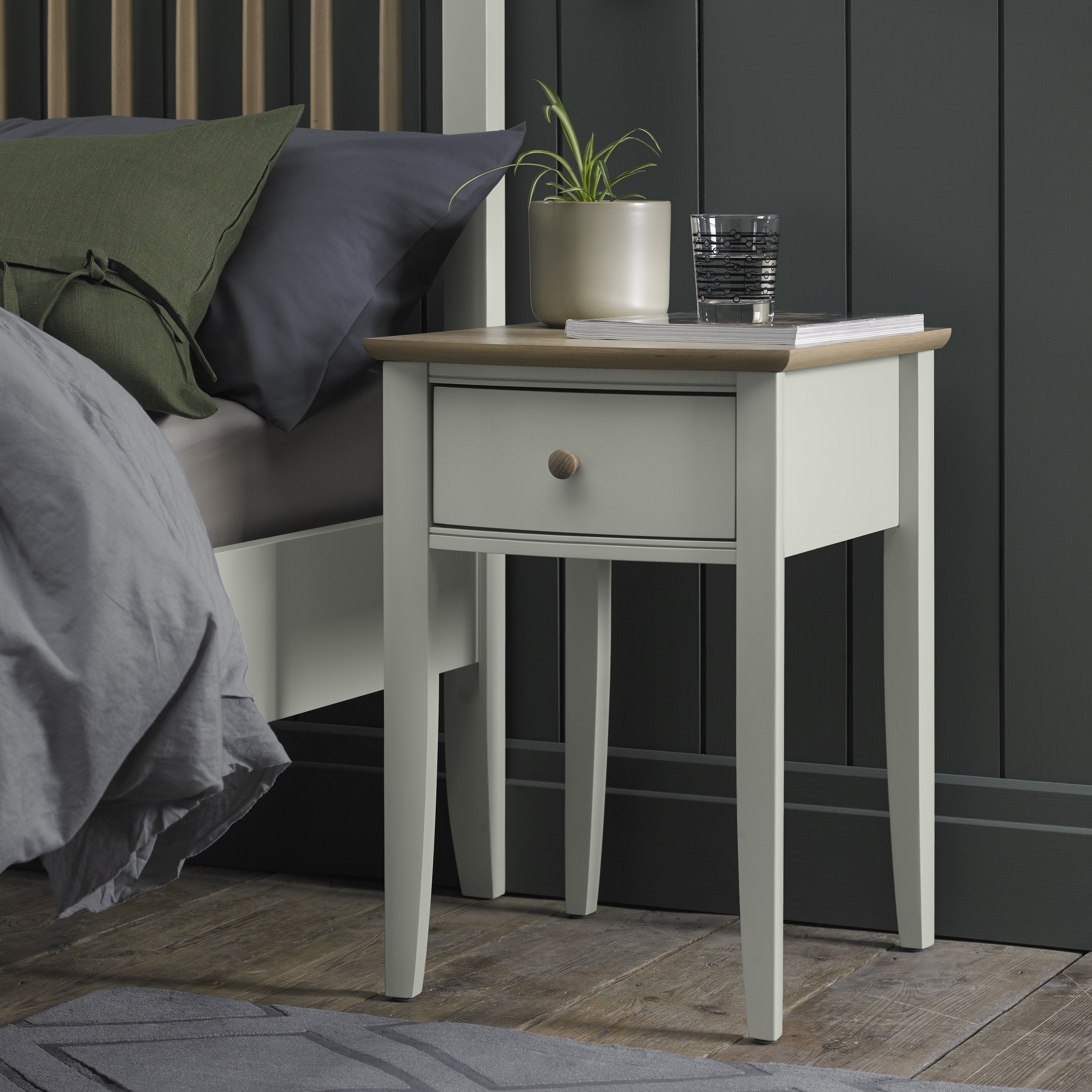 Grey Bedside Table with Oak Top Fishe and Lilly