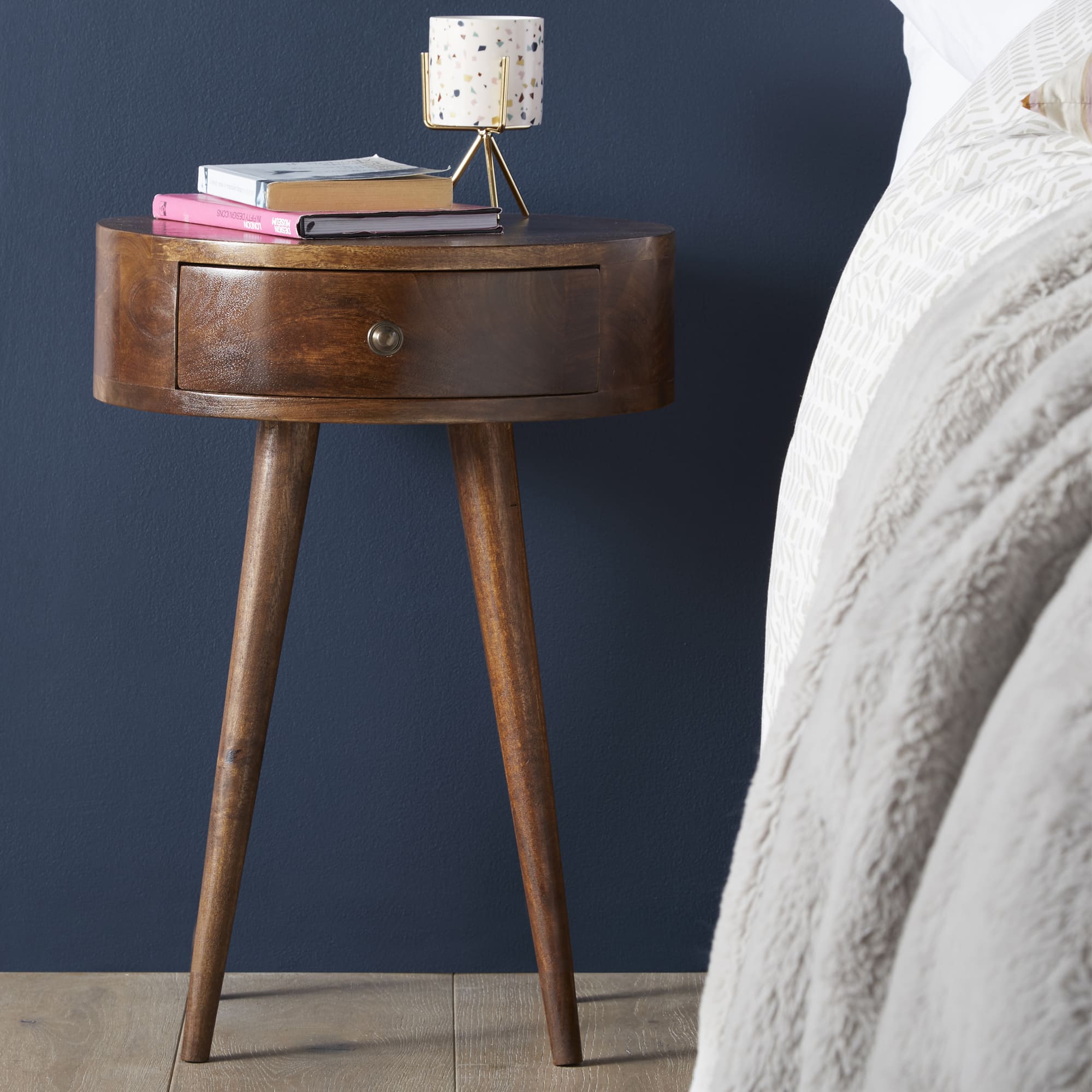 Round Bedside Table with Drawer in Walnut Finish