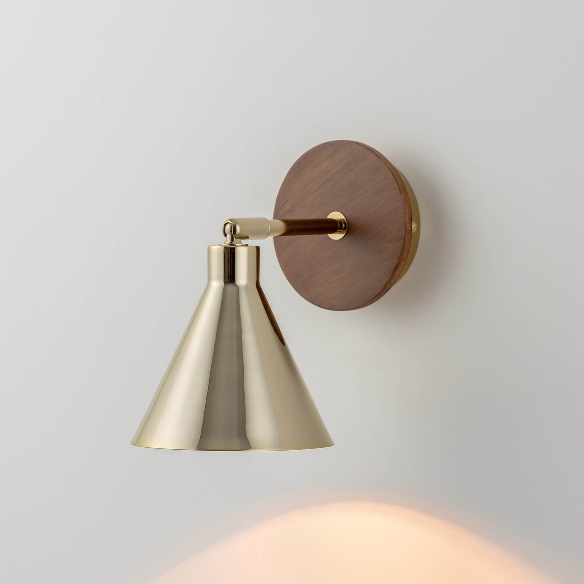 Polished Brass & Walnut Cone Wall Light