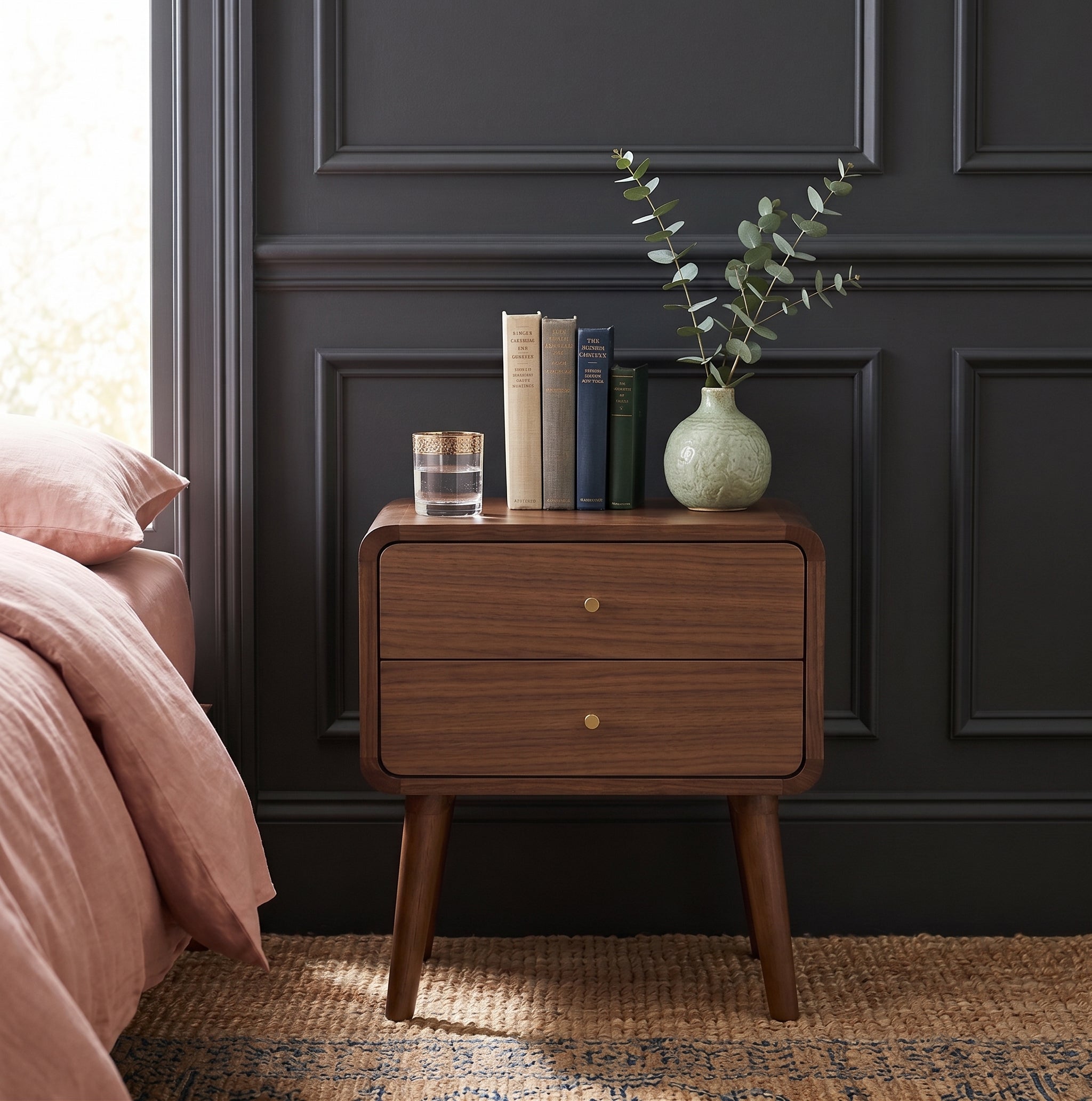 Finn Curved Edge Bedside Table in Walnut