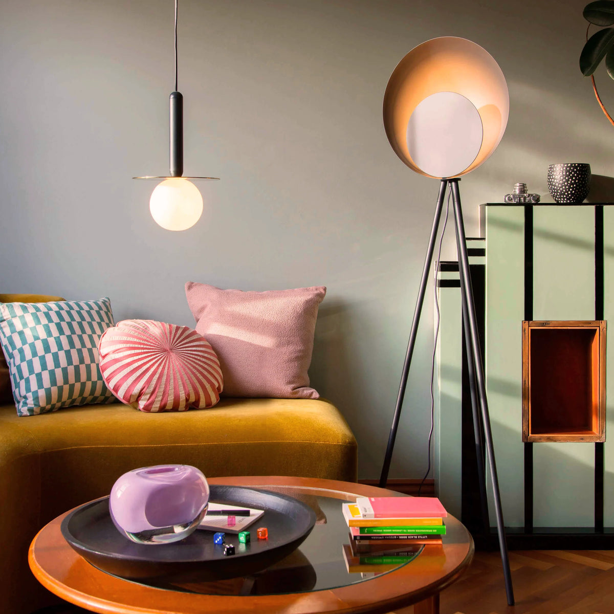 Opal Globe & Brass Disc Pendant Light