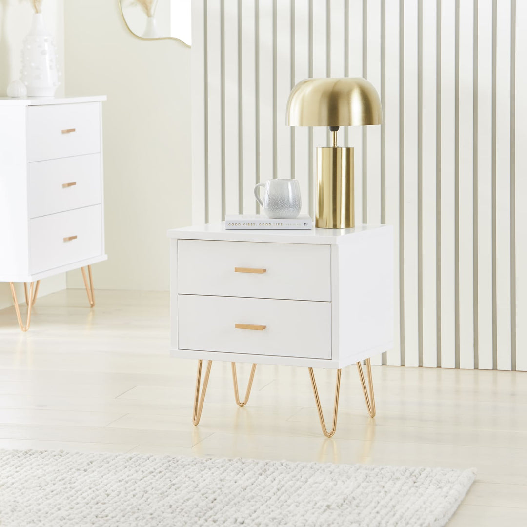 White Bedside Table with Modern Gold Accents Fishe and Lilly