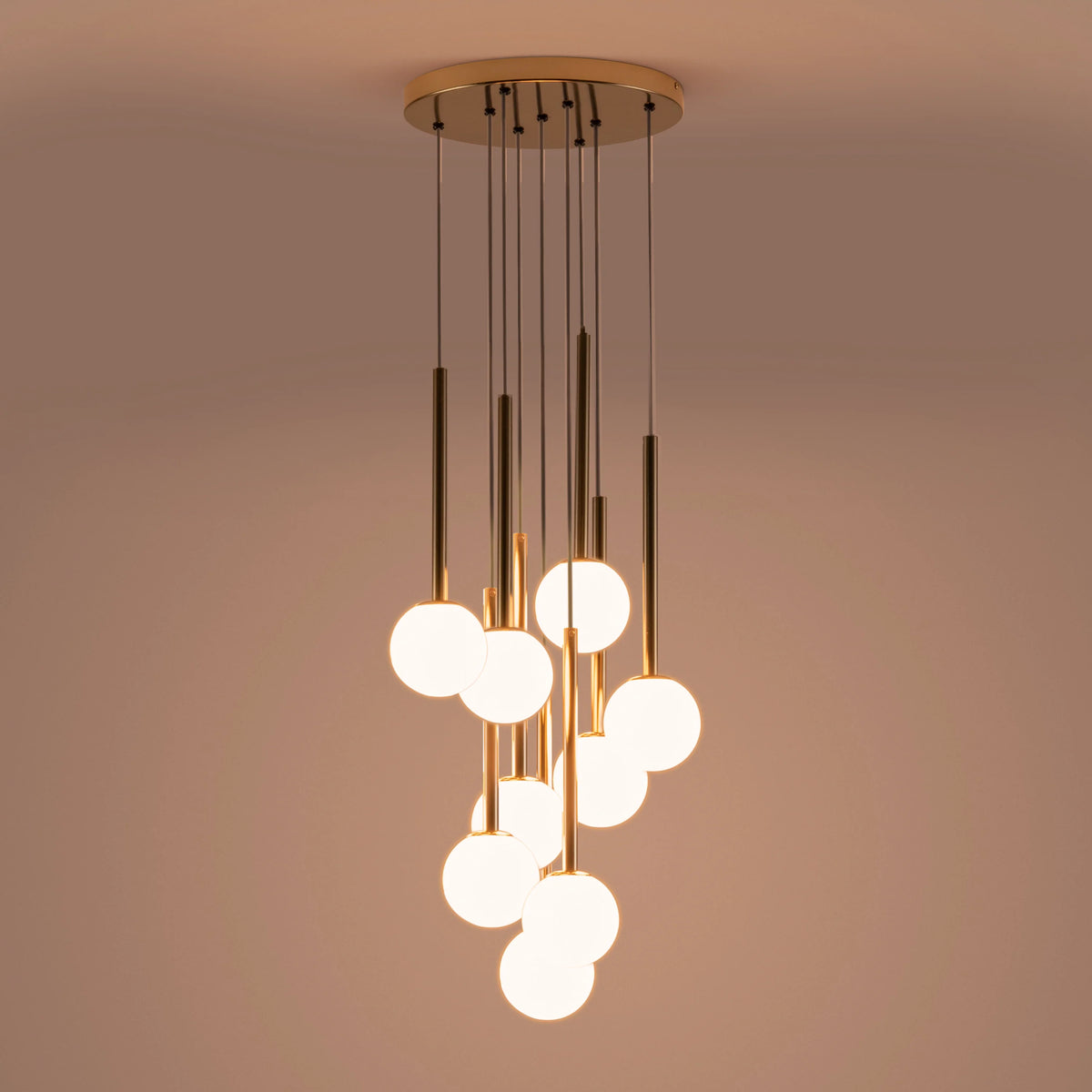 Polished Brass & Opal Glass Cluster Chandelier