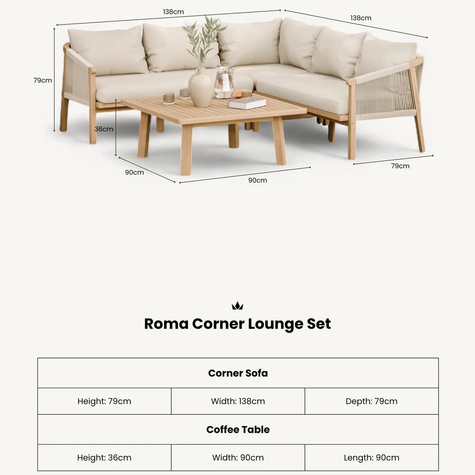 Roma 5 Seater Corner Lounge Set with 90cm Square Coffee Table