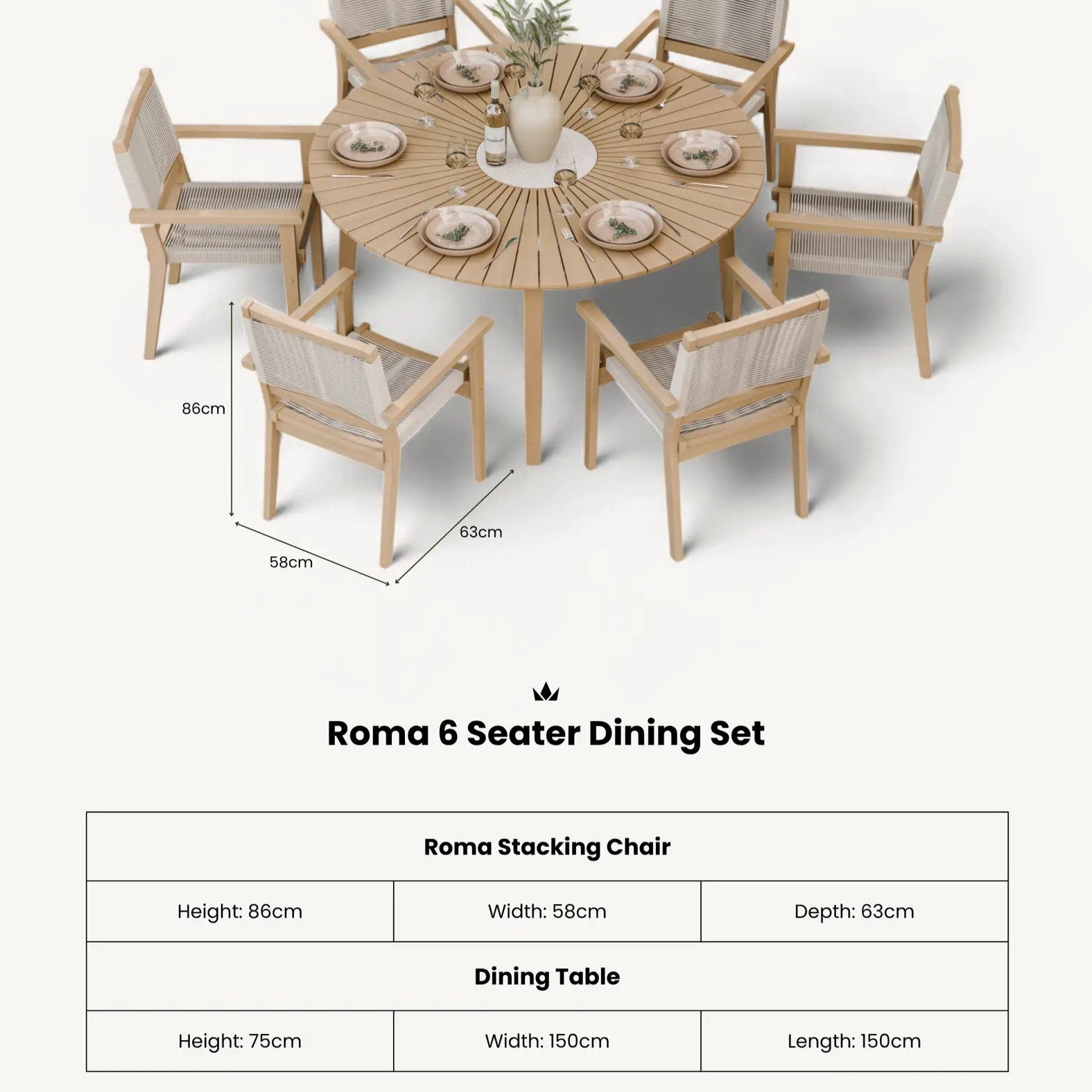 Roma 6 Seater Round Sunray with Terrazzo Insert Dining Set with 6 Roma Rope Stacking Chairs